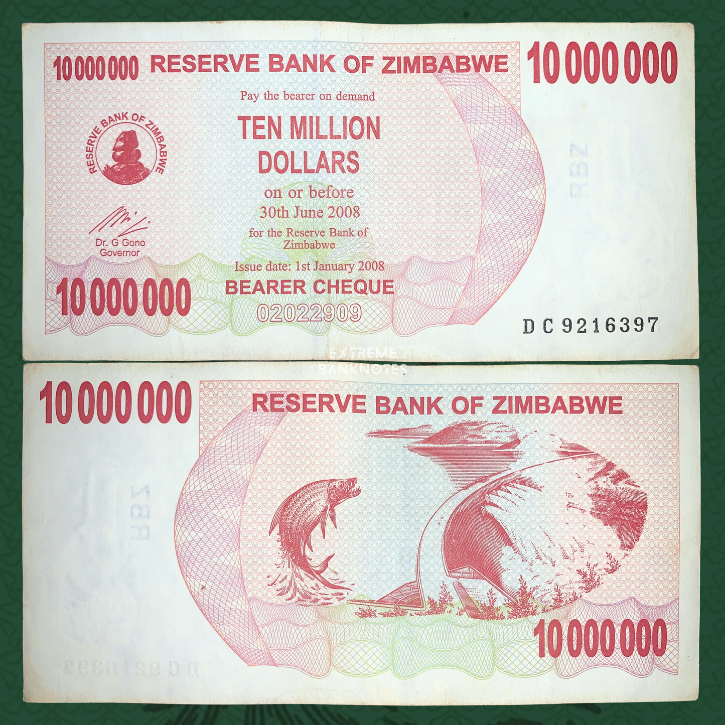 Zimbabwe 10 Million Dollars Bearer Cheque 2008 front and reverse, issued during the country's hyperinflation crisis, featuring colorful security patterns and wildlife-themed reverse design