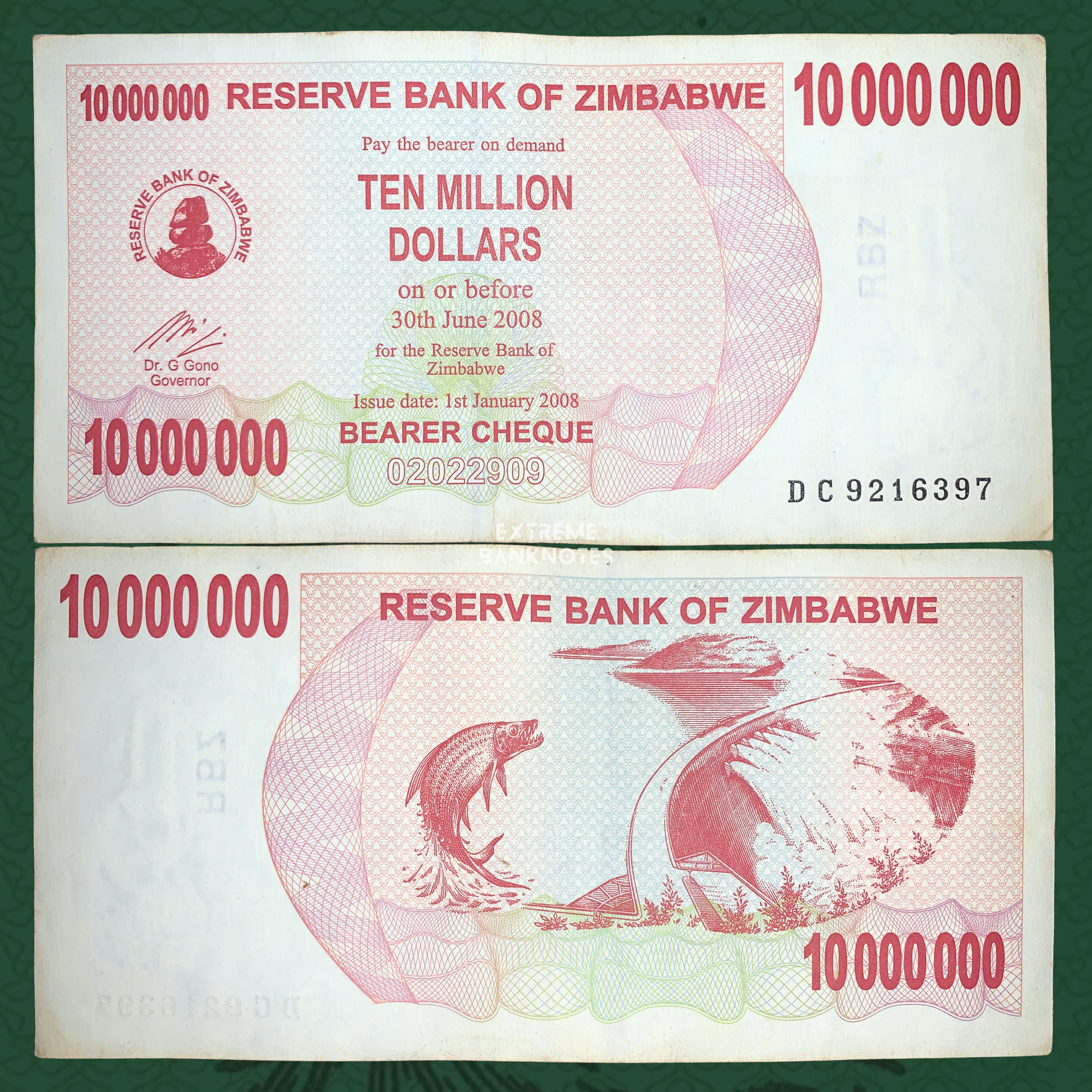 Zimbabwe 10 Million Dollars Bearer Cheque 2008 front and reverse, issued during the country's hyperinflation crisis, featuring colorful security patterns and wildlife-themed reverse design