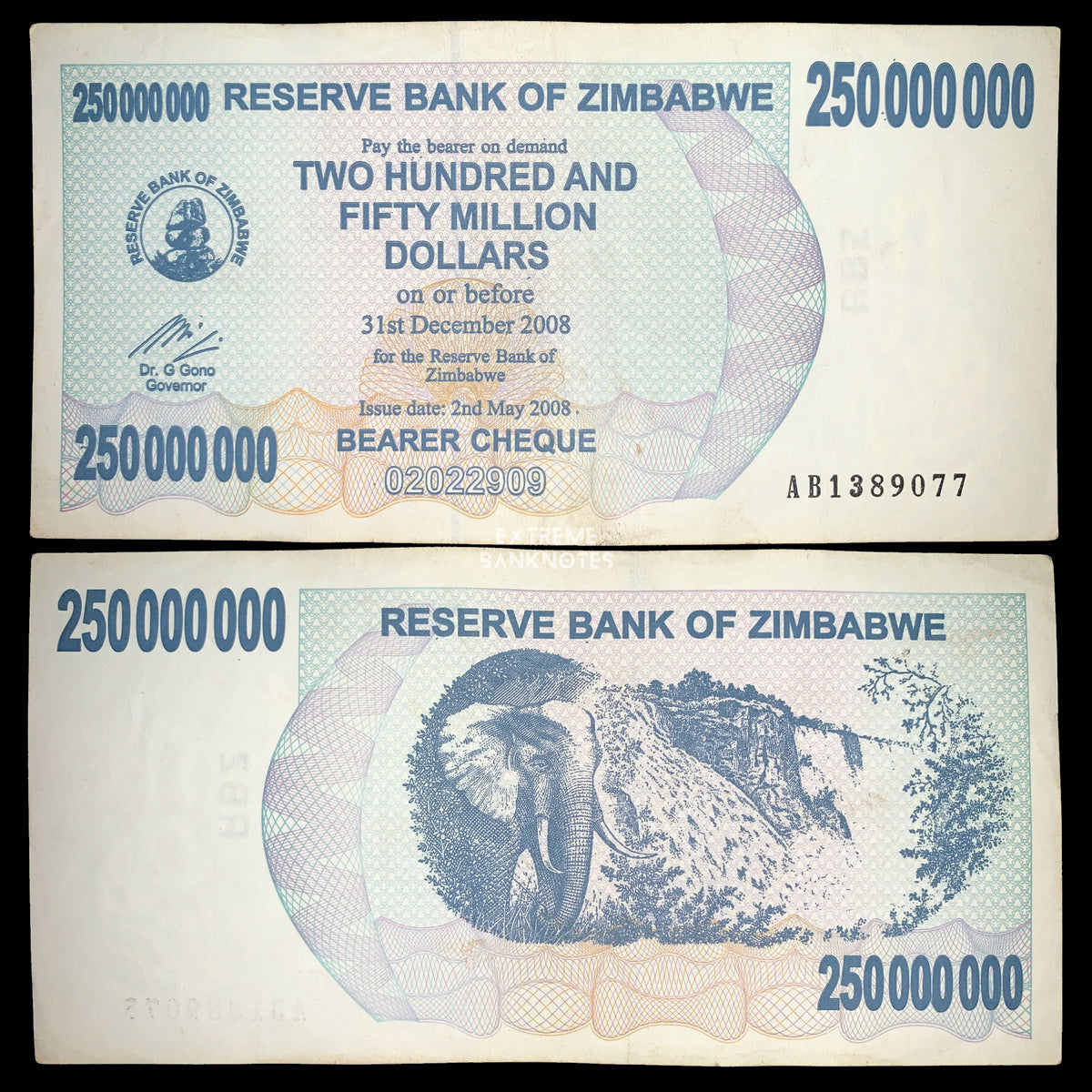 Zimbabwe 250 Million Dollars Bearer Cheque 2008 front and back displaying large denomination values, detailed anti-counterfeiting patterns, and elephant with waterfall landscape on reverse