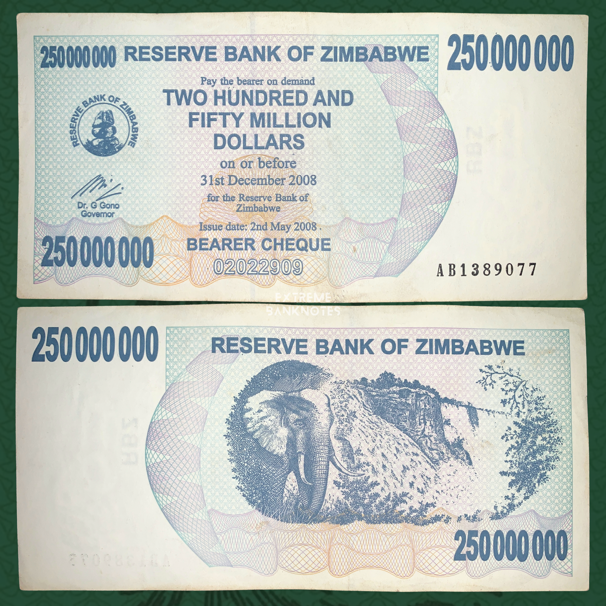 Zimbabwe 250 Million Dollars Bearer Cheque 2008 front and back displaying large denomination values, detailed anti-counterfeiting patterns, and elephant with waterfall landscape on reverse