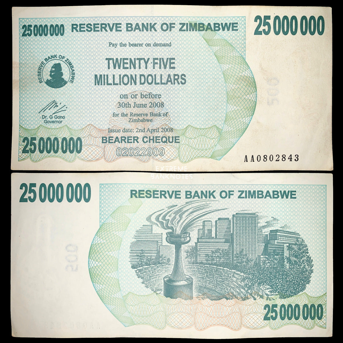 Zimbabwe 25 Million Dollars Bearer Cheque 2008 front and back with intricate guilloche security printing, large denomination numerals, and urban landmark illustration on reverse