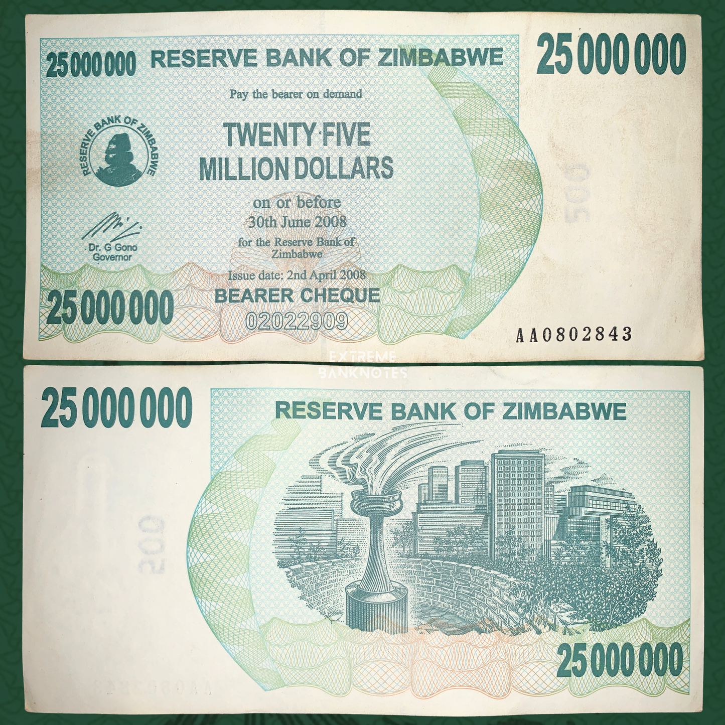 Zimbabwe 25 Million Dollars Bearer Cheque 2008 front and back with intricate guilloche security printing, large denomination numerals, and urban landmark illustration on reverse