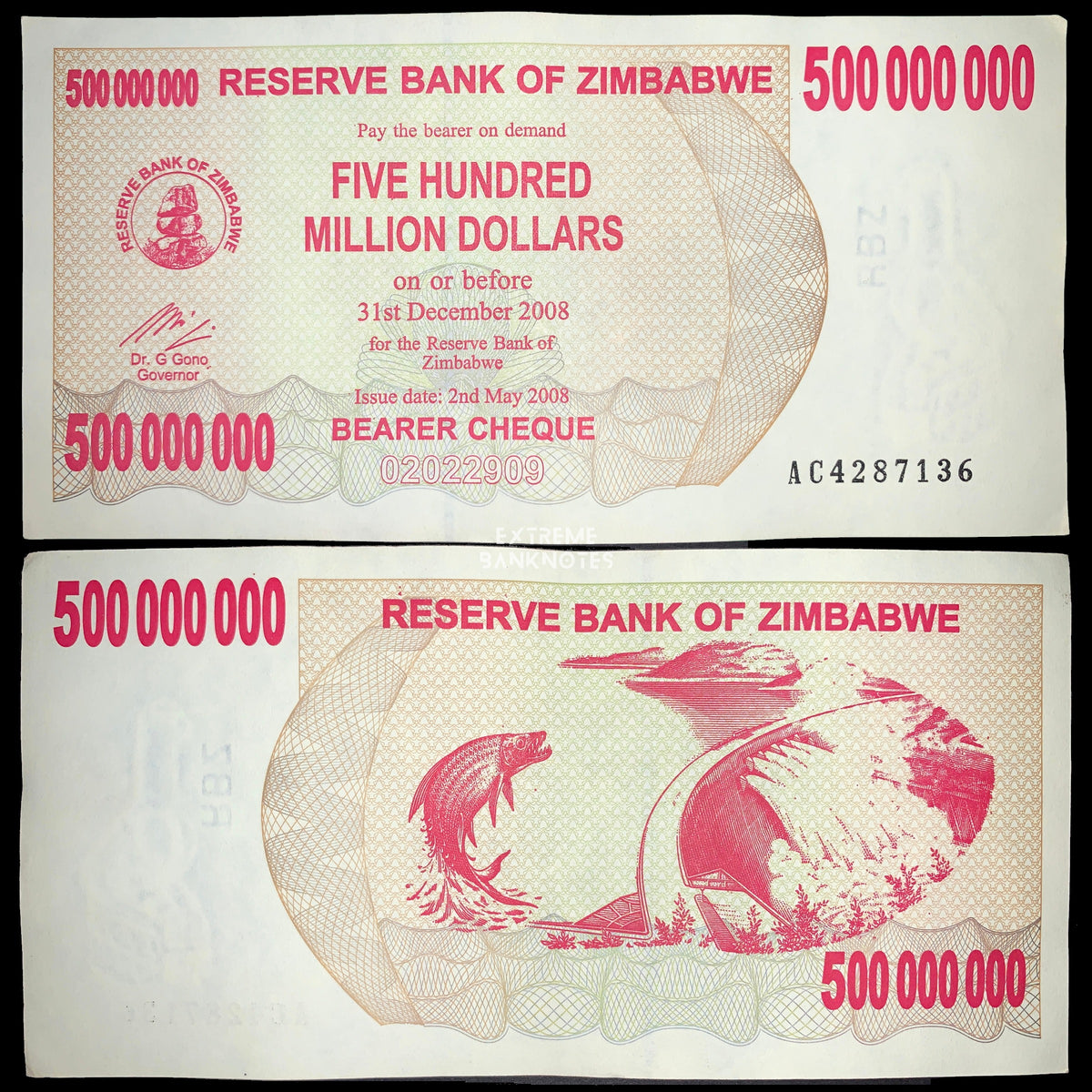 Zimbabwe 500 Million Dollars Bearer Cheque 2008 front and reverse, issued during historic hyperinflation, featuring bold pink denomination printing and aquatic wildlife illustration on reverse