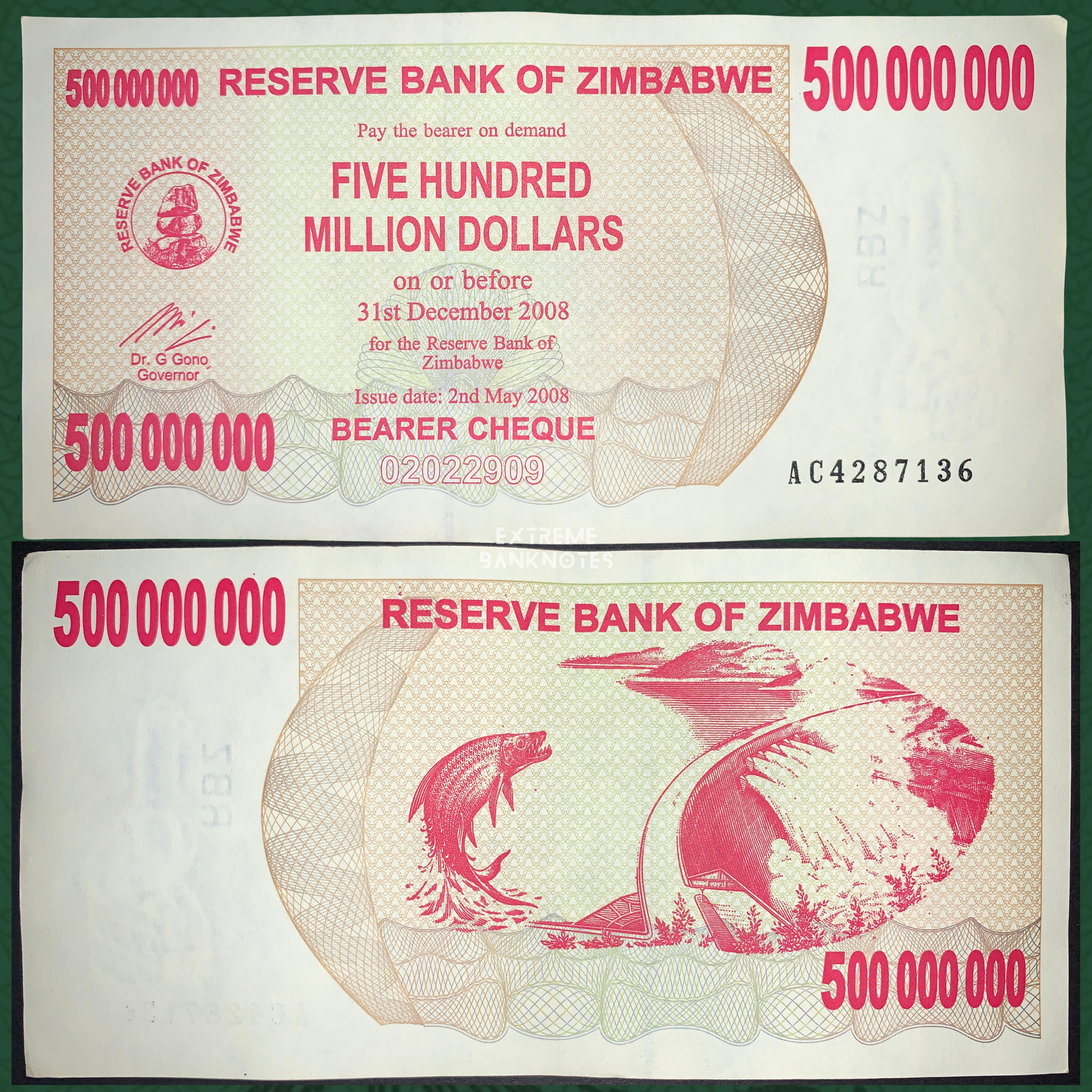 Zimbabwe 500 Million Dollars Bearer Cheque 2008 front and reverse, issued during historic hyperinflation, featuring bold pink denomination printing and aquatic wildlife illustration on reverse