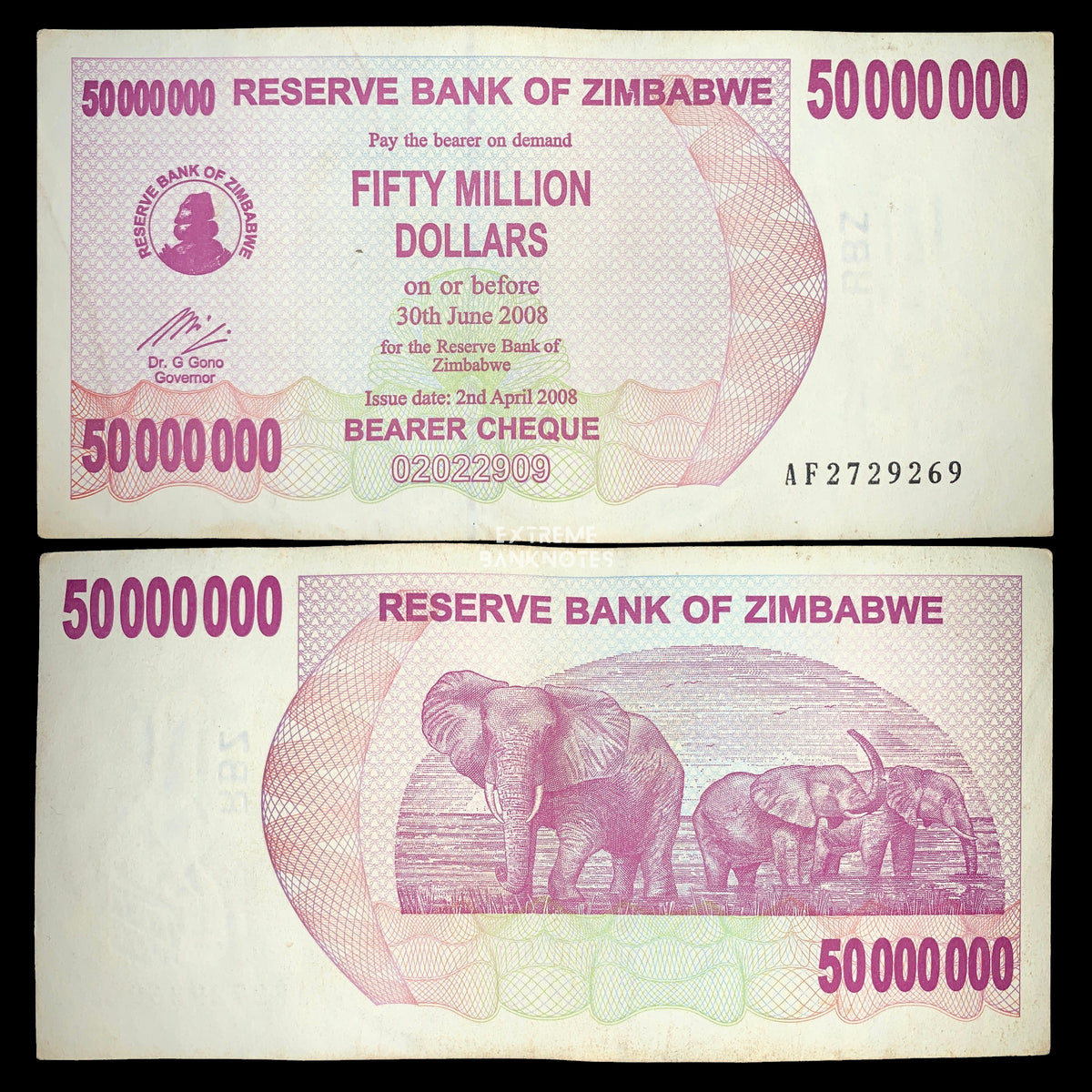 Zimbabwe 50 Million Dollars Bearer Cheque 2008 obverse and reverse, showcasing vibrant purple printing, Governor signature, and elephant family scene on the reverse
