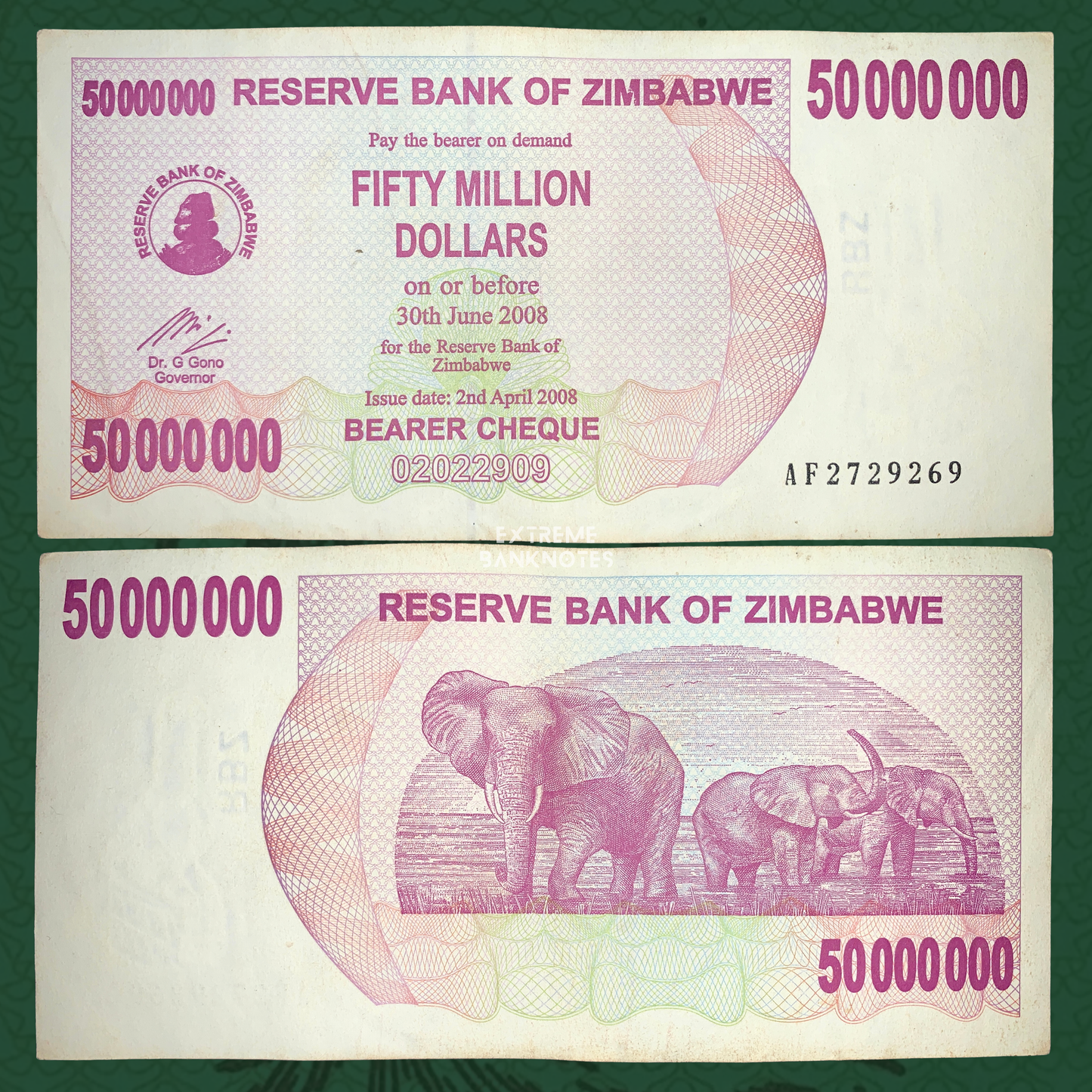 Zimbabwe 50 Million Dollars Bearer Cheque 2008 obverse and reverse, showcasing vibrant purple printing, Governor signature, and elephant family scene on the reverse